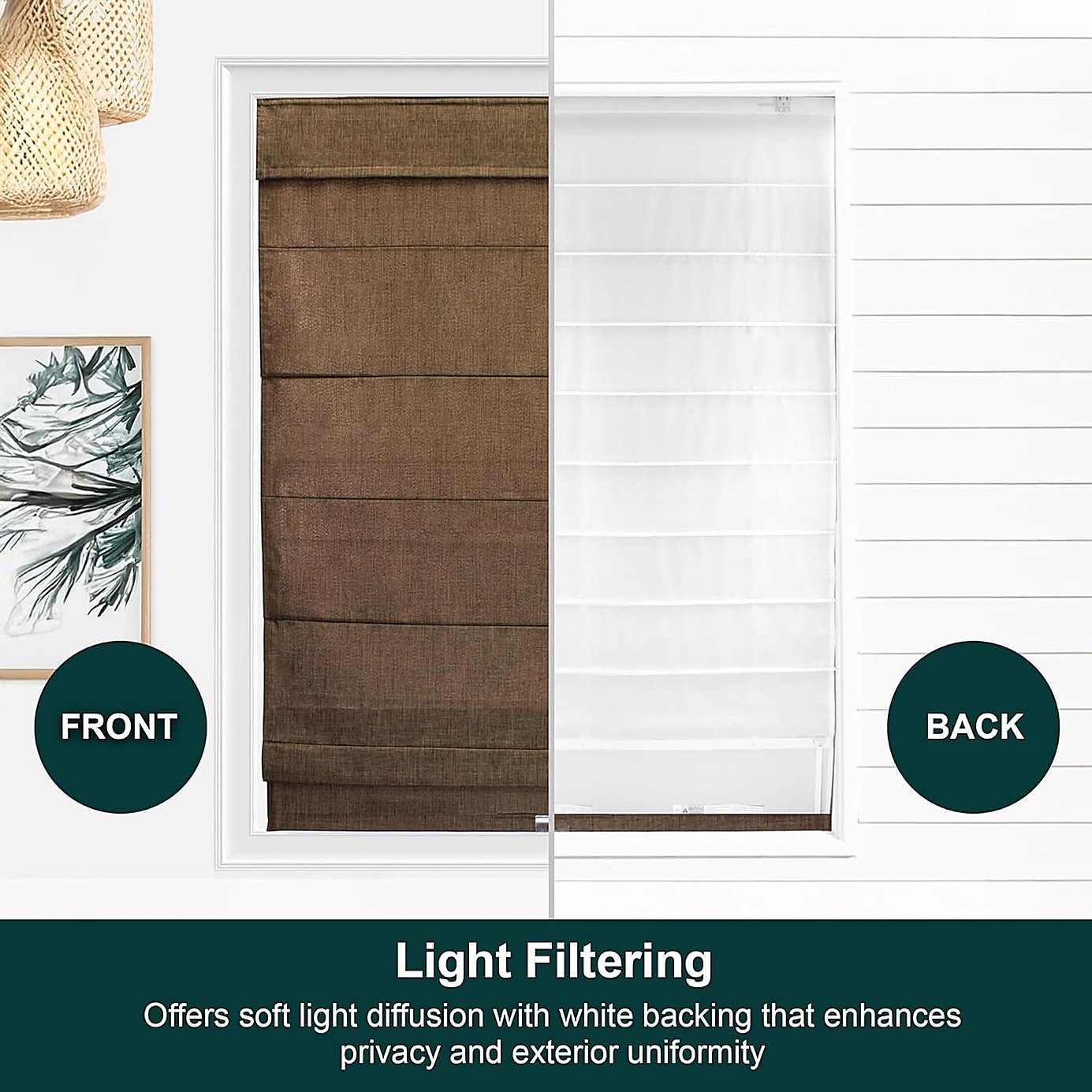 Chicology cordless Roman shade Belgian Chocolate installed in living room